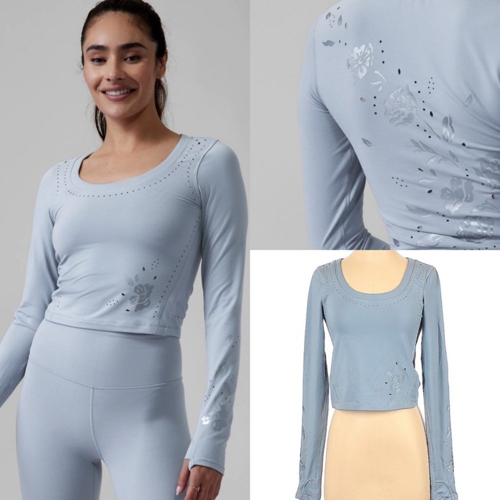 Athleta Blue S Shanti Eyelet Top long sleeve crop - Picture 2 of 8